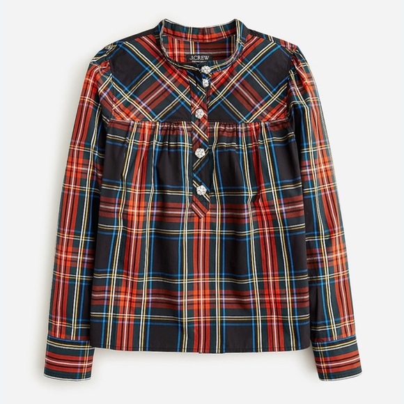 J Crew 6 tartan Buchanan plaid embellished garçon tunic button up top holiday - Picture 2 of 14